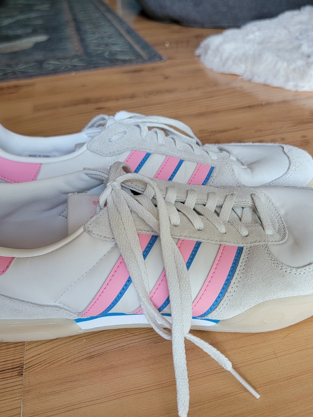 adidas Women's White Sneakers with Pink & Blue Stripes - Picture 2 of 9